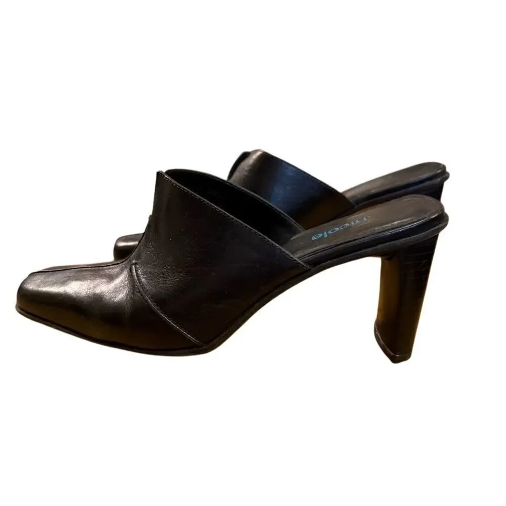 Nicole Brakes Black Leather Heeled Mules in Size 6.5